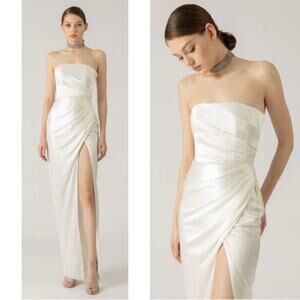 SAU LEE Priyanka Strapless Ruched Satin Ivory White Maxi Dress Size 2